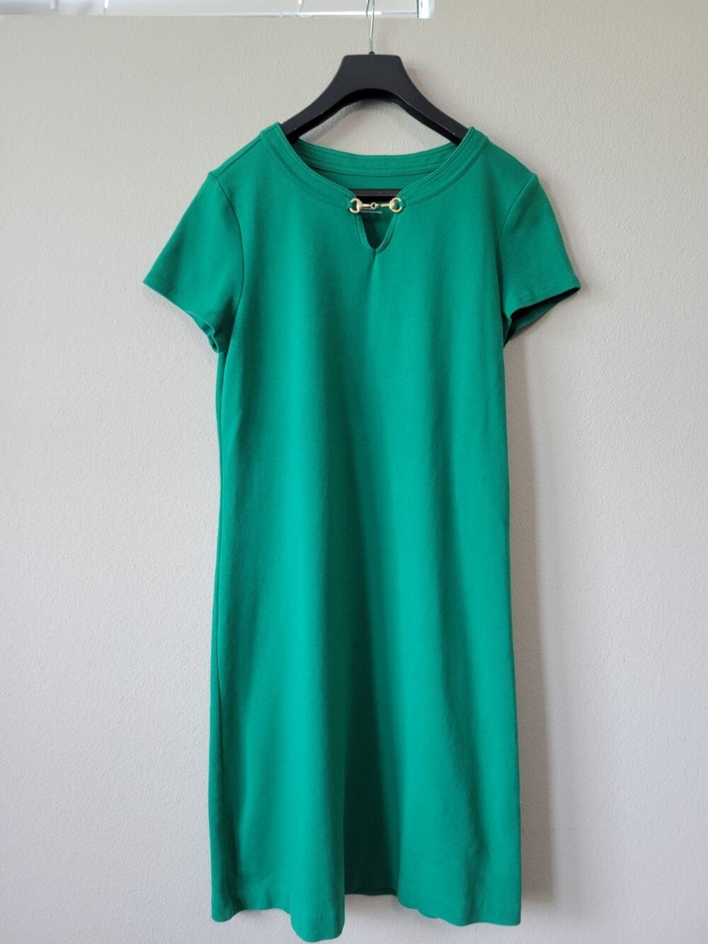 Talbots Dress Small Green Knit Cotton Short Sleeve Metal Accent